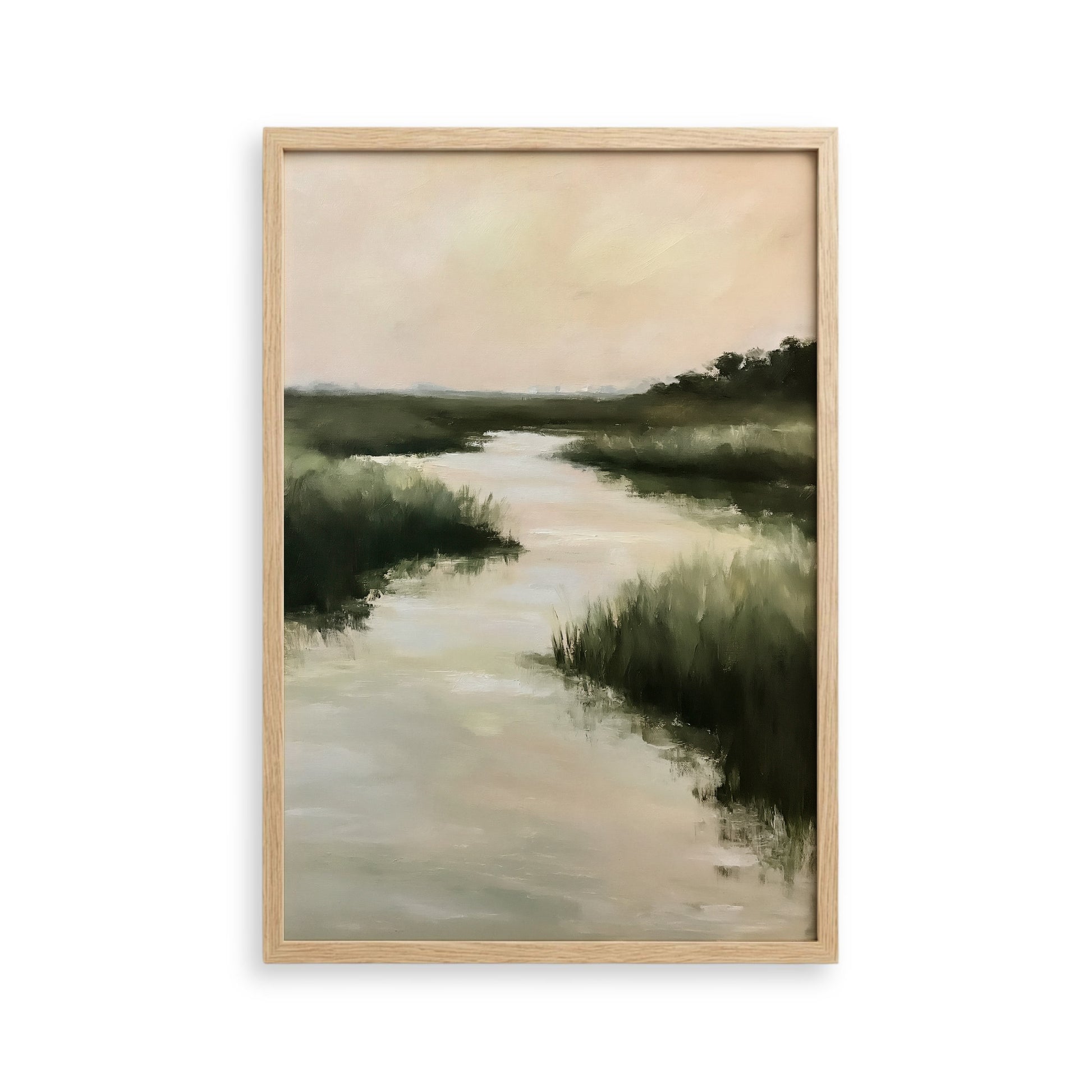 The image is a painting depicting a serene landscape with a river or stream flowing through a lush, green environment.