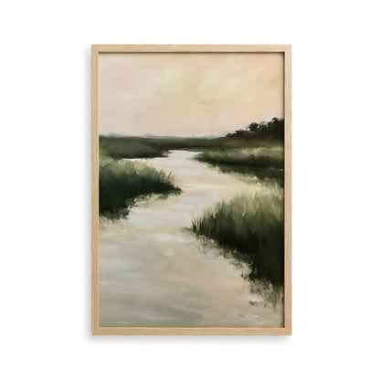 The image is a painting depicting a serene landscape with a river or stream flowing through a lush, green environment.