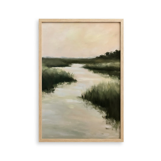 The image is a painting depicting a serene landscape with a river or stream flowing through a lush, green environment.
