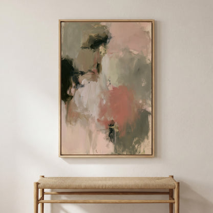 a large abstract painting hanging on a white wall above a wooden bench.