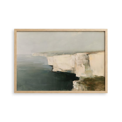 The image is a painting of a cliff overlooking the ocean.