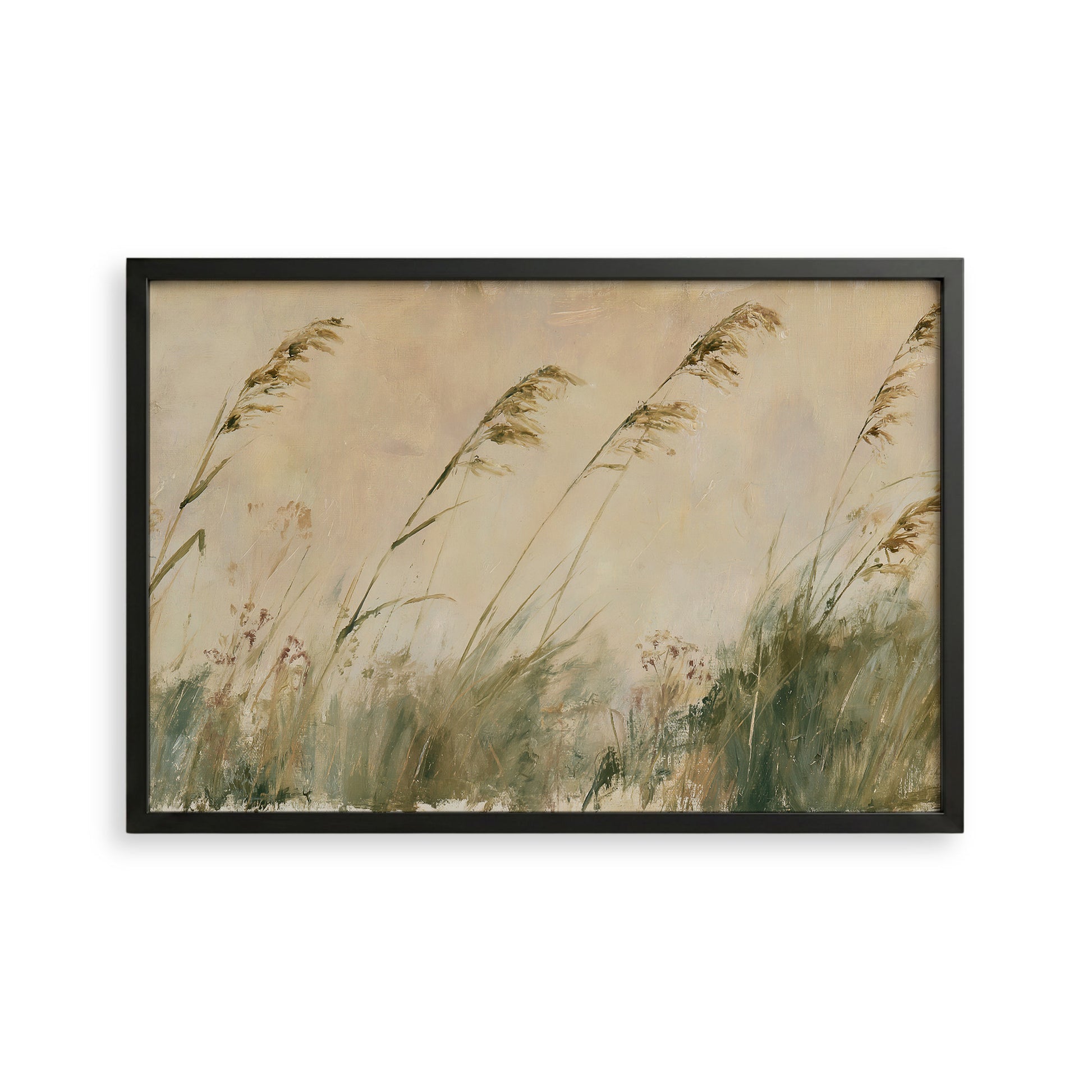The image is a framed painting depicting tall grasses swaying in the wind.