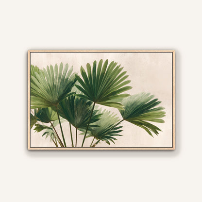 a close-up view of a group of green palm leaves, showcasing their intricate and vibrant patterns.