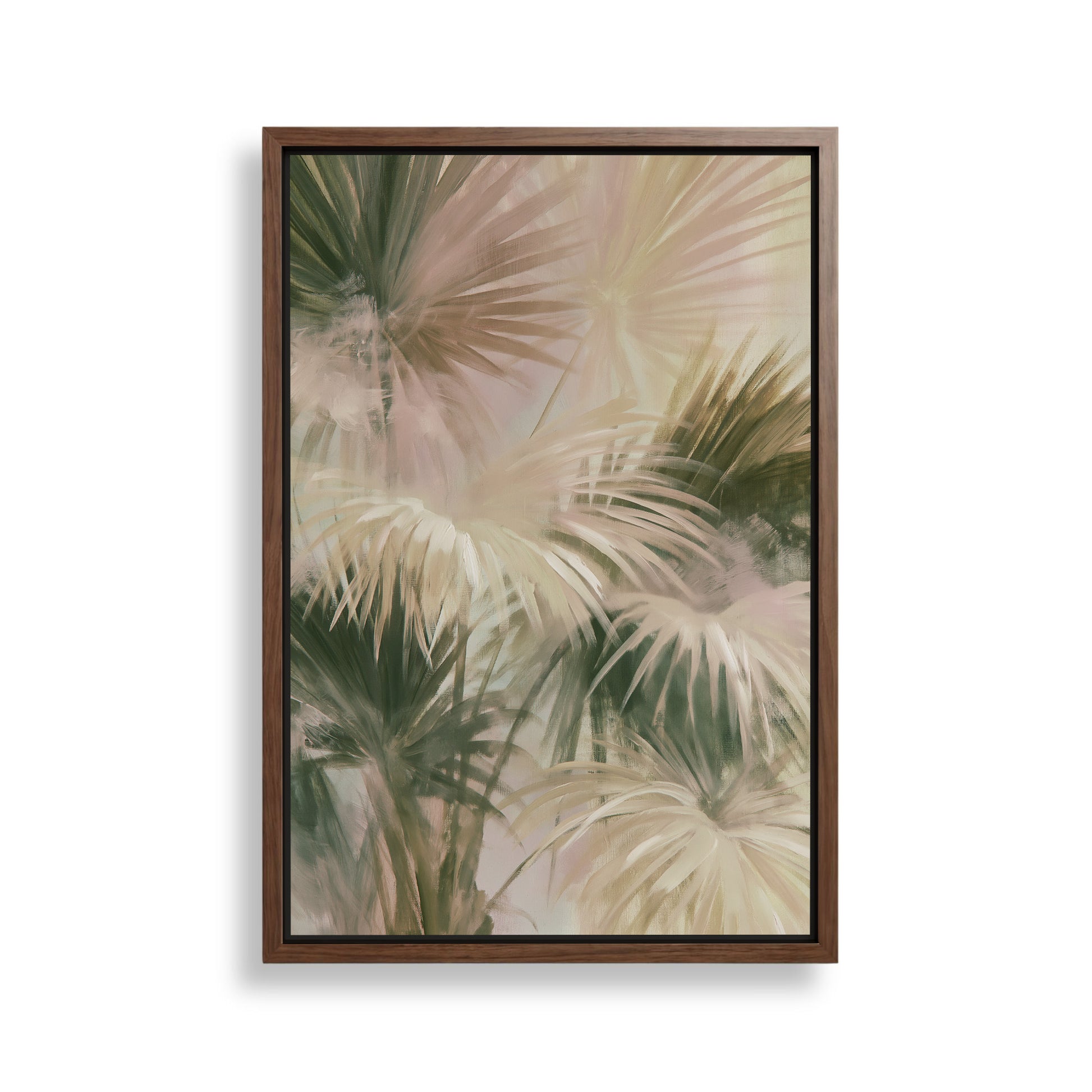 The image is a framed painting depicting a close-up view of palm leaves with a soft, pastel color palette.
