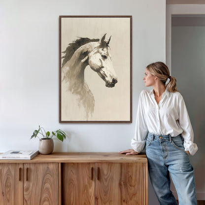 A woman stands in a room, leaning against a wooden cabinet, with a framed painting of a horse's head hanging on the wall above her.