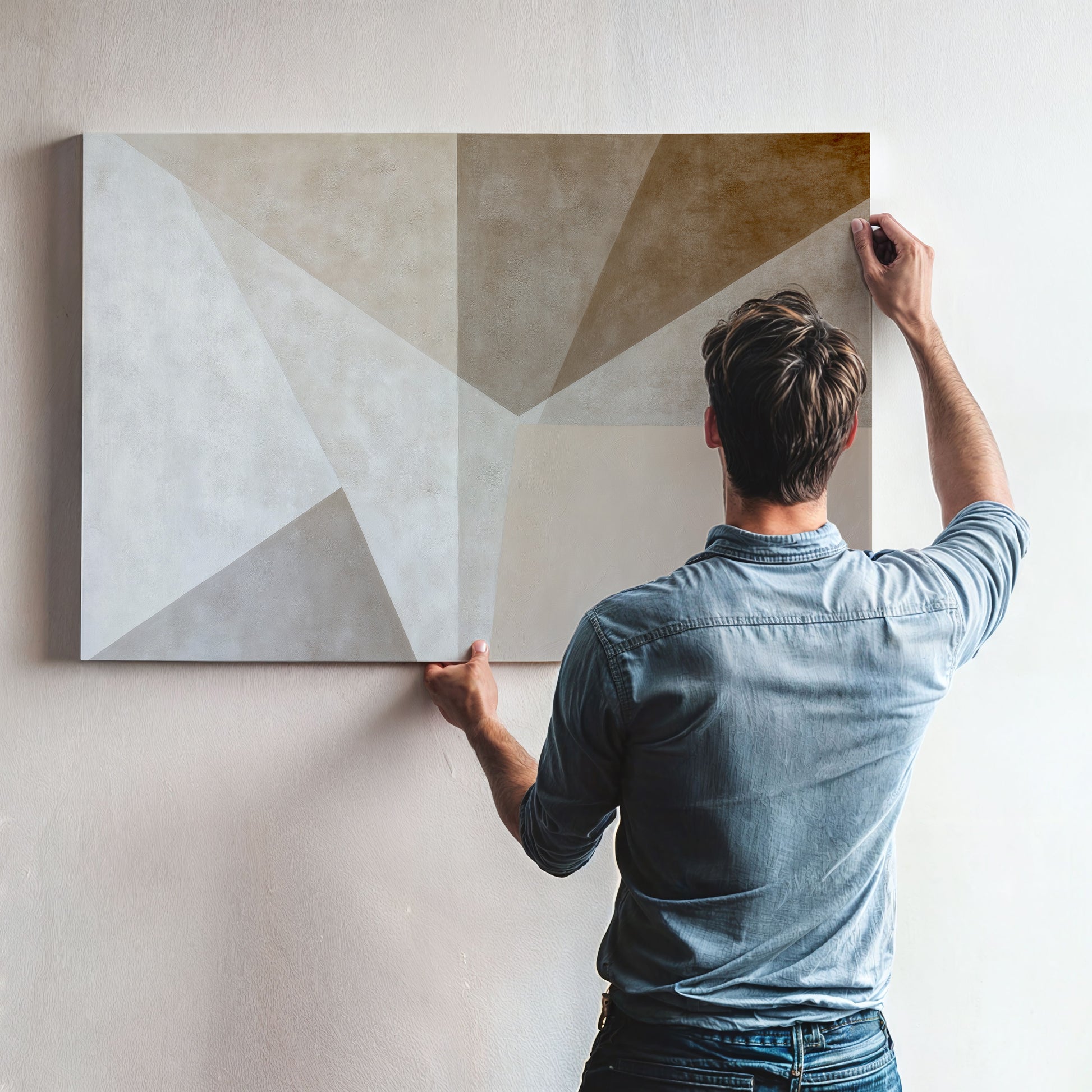 A man is hanging a large abstract painting on a wall.