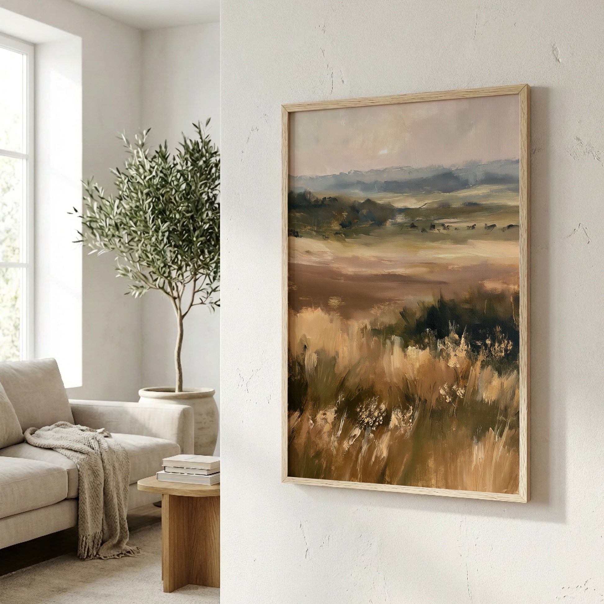 a living room with a large painting of a field of tall grass hanging on the wall. The painting is framed in a wooden frame and appears to be an oil painting. In the background, there is a couch and a potted plant, creating a cozy and inviting atmosphere.
