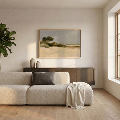 a serene living room with a large window, a white sofa, a wooden cabinet, and a framed landscape painting on the wall.