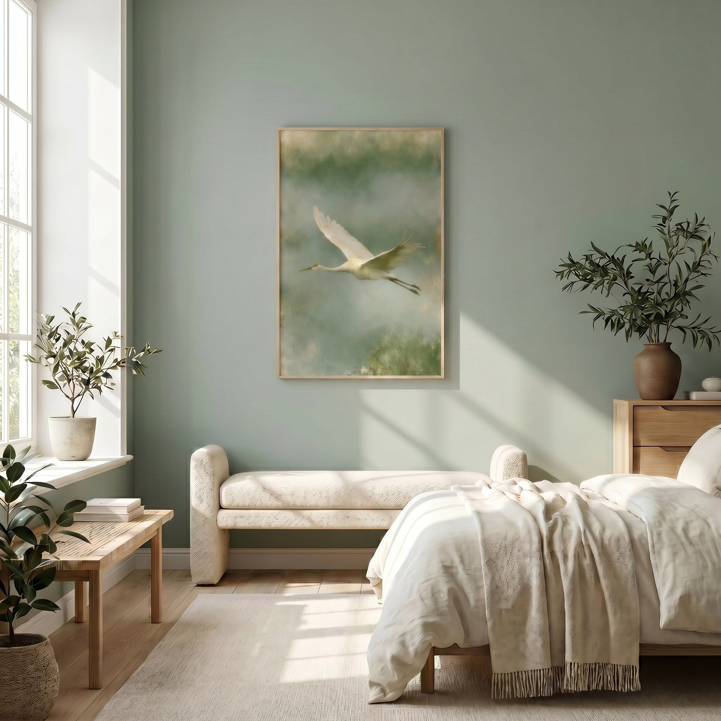 a serene and cozy bedroom with a large window, a painting of a crane in flight, and a wooden bench. The room has a soothing color palette of green and beige, with potted plants and a vase adding to the natural ambiance.