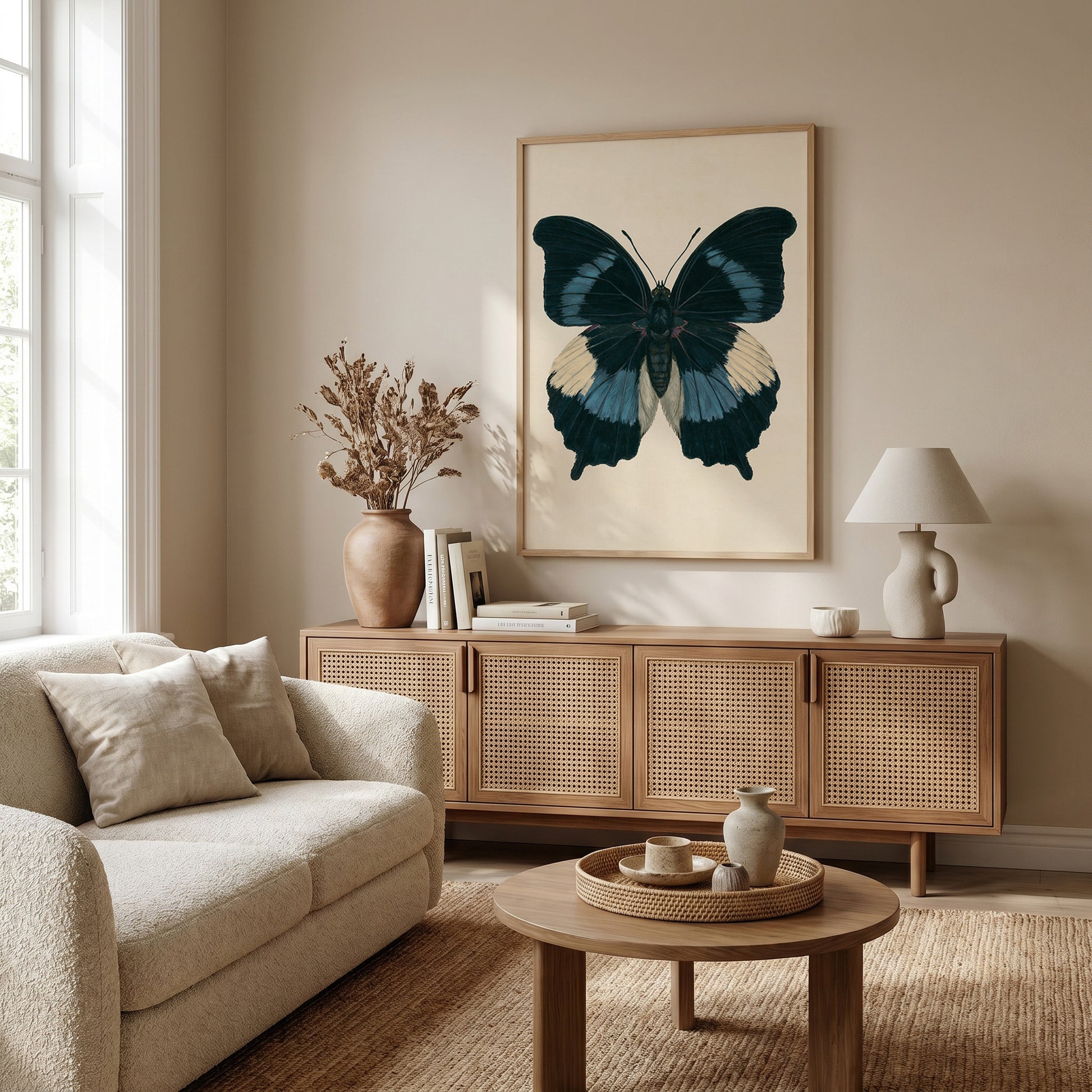 a cozy living room with a large framed picture of a blue and white butterfly hanging on the wall above a wooden cabinet. The room is furnished with a beige sofa, a round coffee table, and a lamp on a side table. The overall decor has a warm and inviting atmosphere.