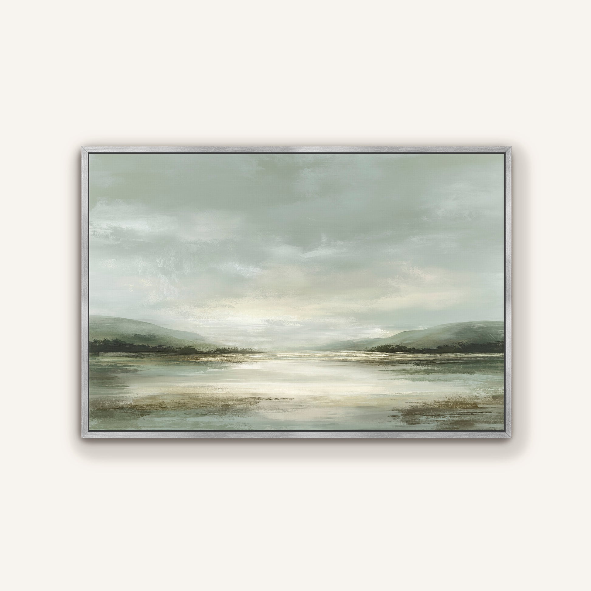 The image is a landscape painting depicting a serene scene of a lake surrounded by mountains under a cloudy sky.