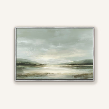 The image is a landscape painting depicting a serene scene of a lake surrounded by mountains under a cloudy sky.