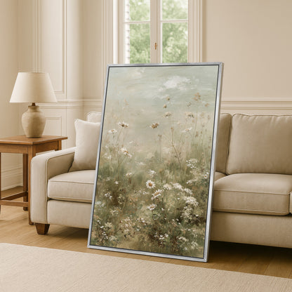 a large framed painting of a field of flowers, placed on a wooden floor in a living room setting.