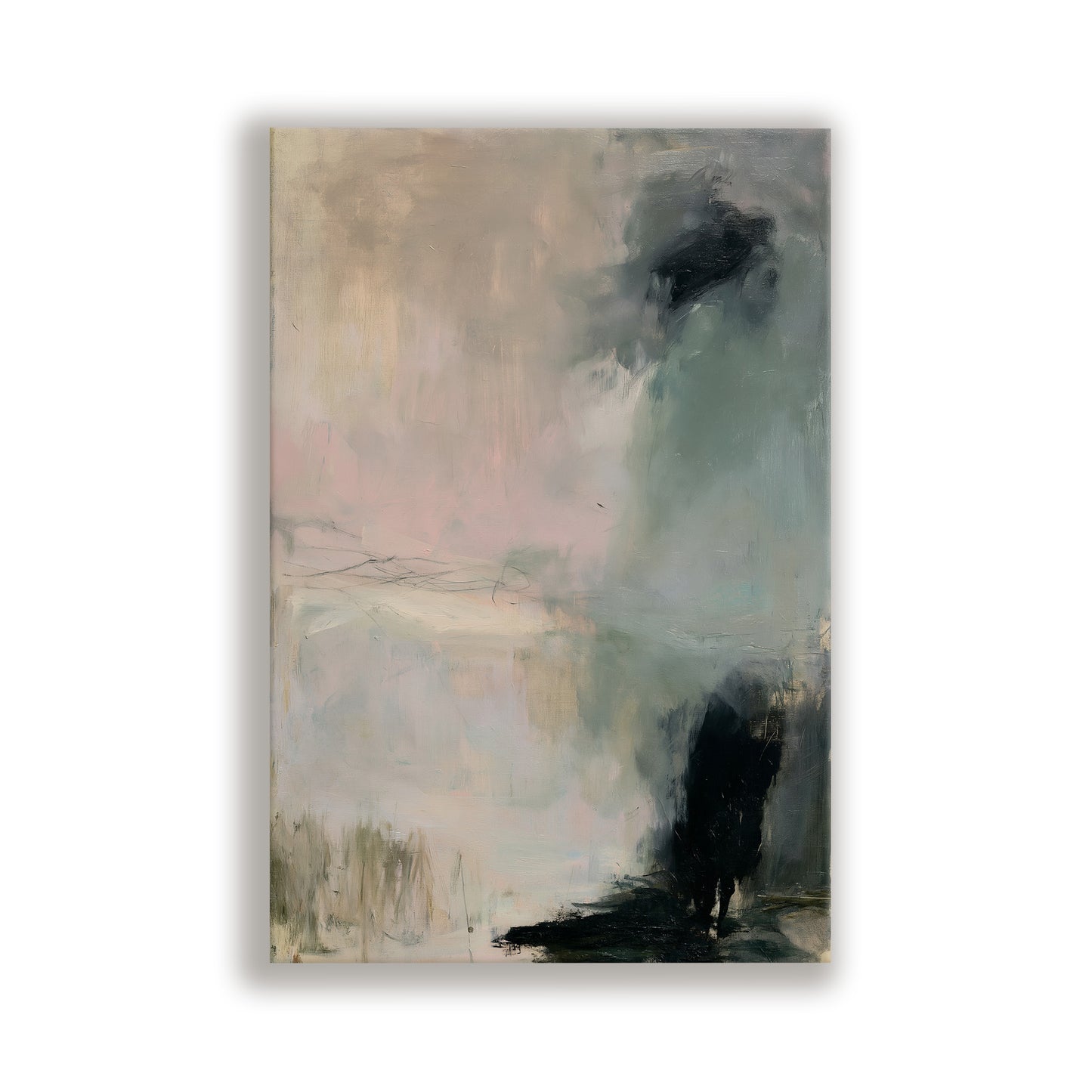 The image is an abstract painting with a predominantly light and dark color palette, featuring a mix of brushstrokes and textures.