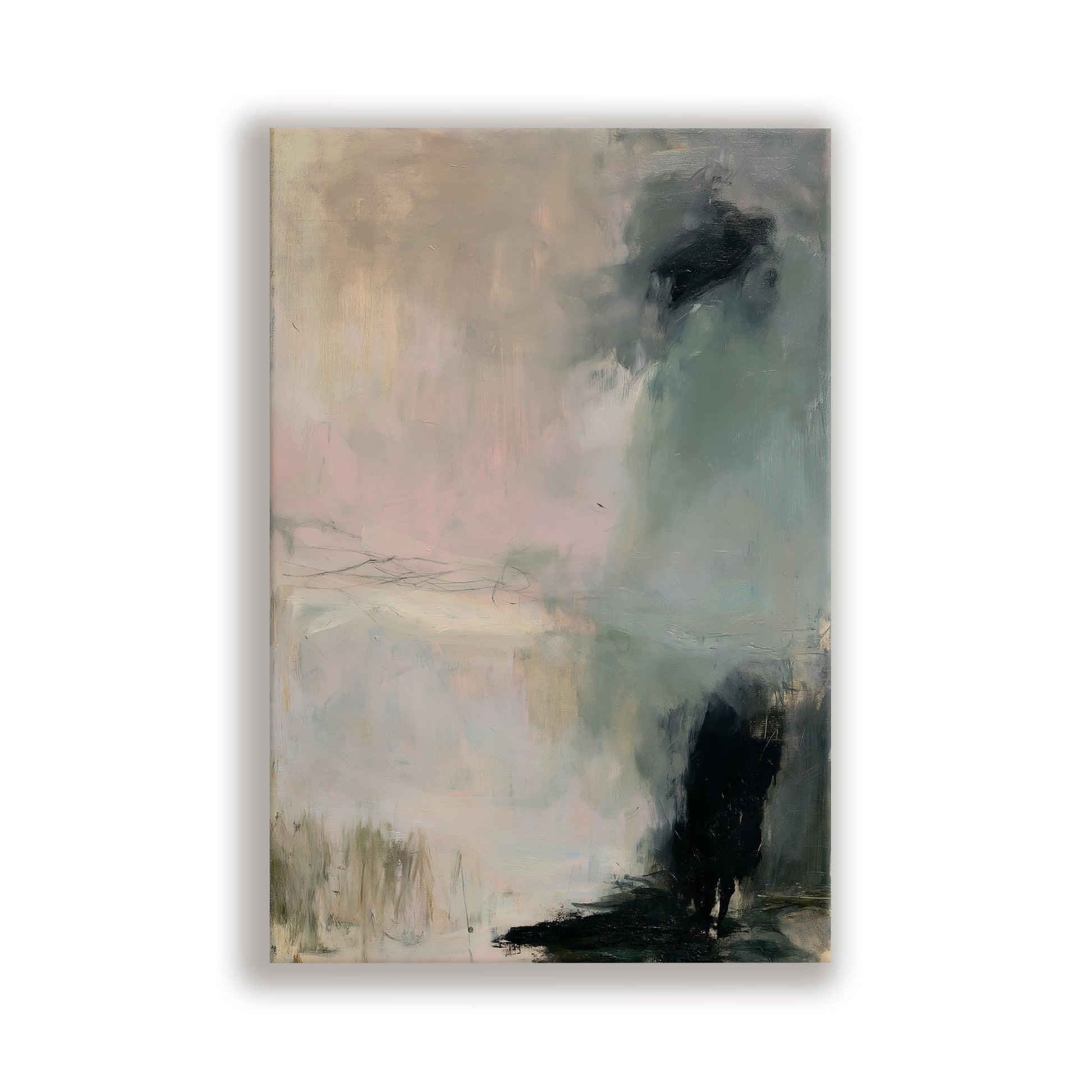 The image is an abstract painting with a predominantly light and dark color palette, featuring a mix of brushstrokes and textures.