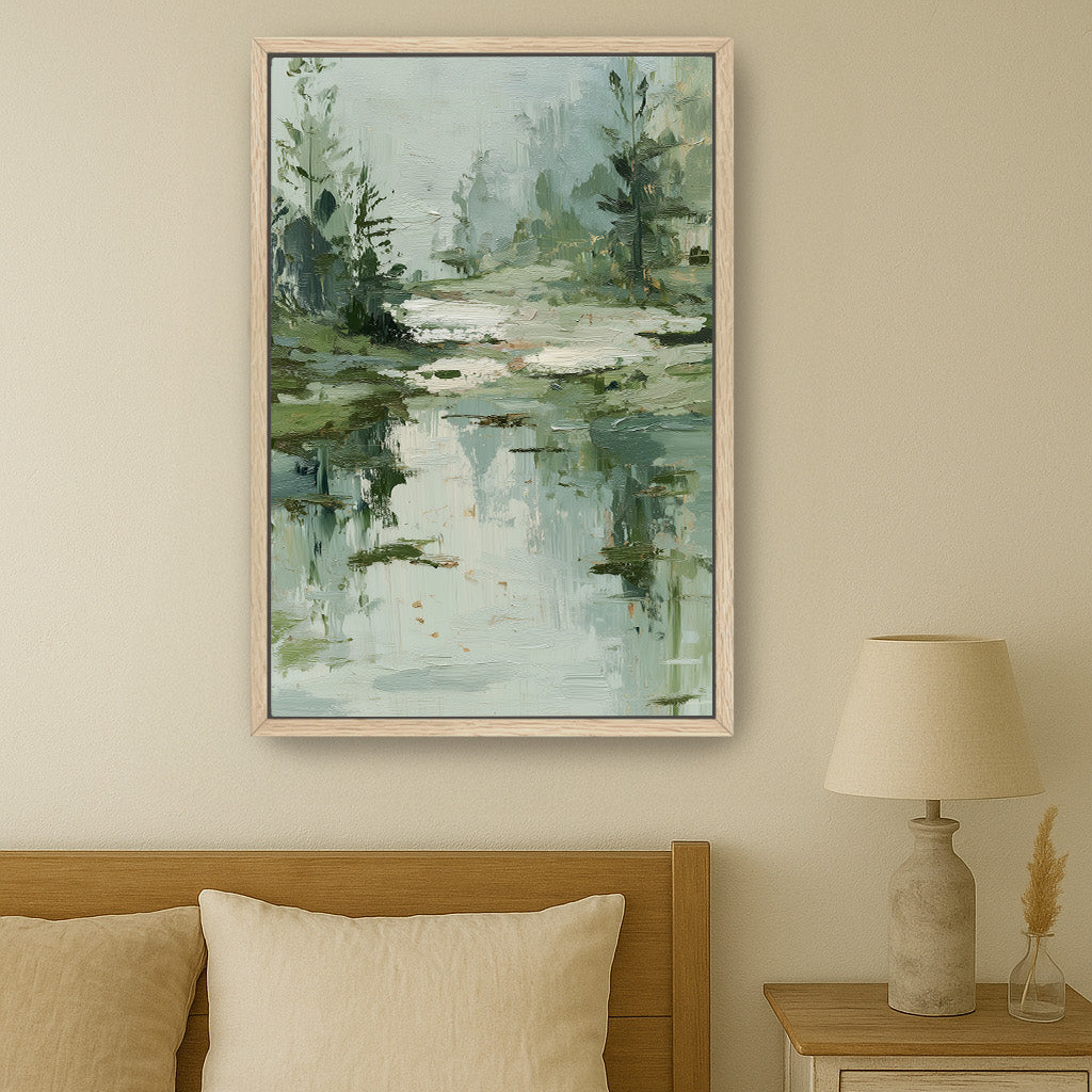 a serene bedroom scene with a large painting of a forest landscape hanging on the wall above a bed with a wooden headboard.