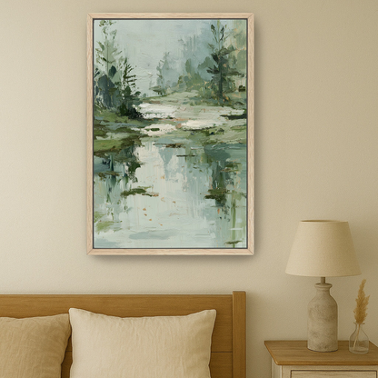 a serene bedroom scene with a large painting of a forest landscape hanging on the wall above a bed with a wooden headboard.