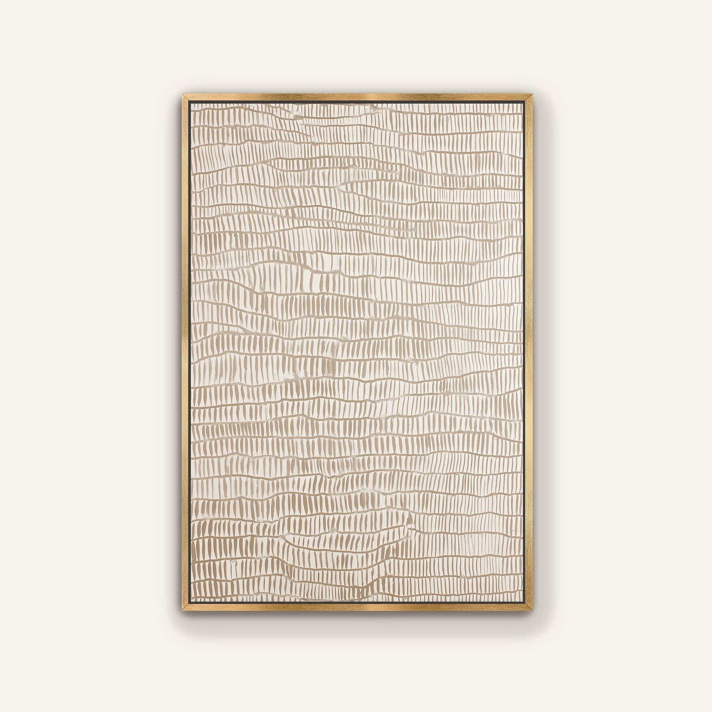 a rectangular artwork with a textured, abstract design in shades of brown and beige.