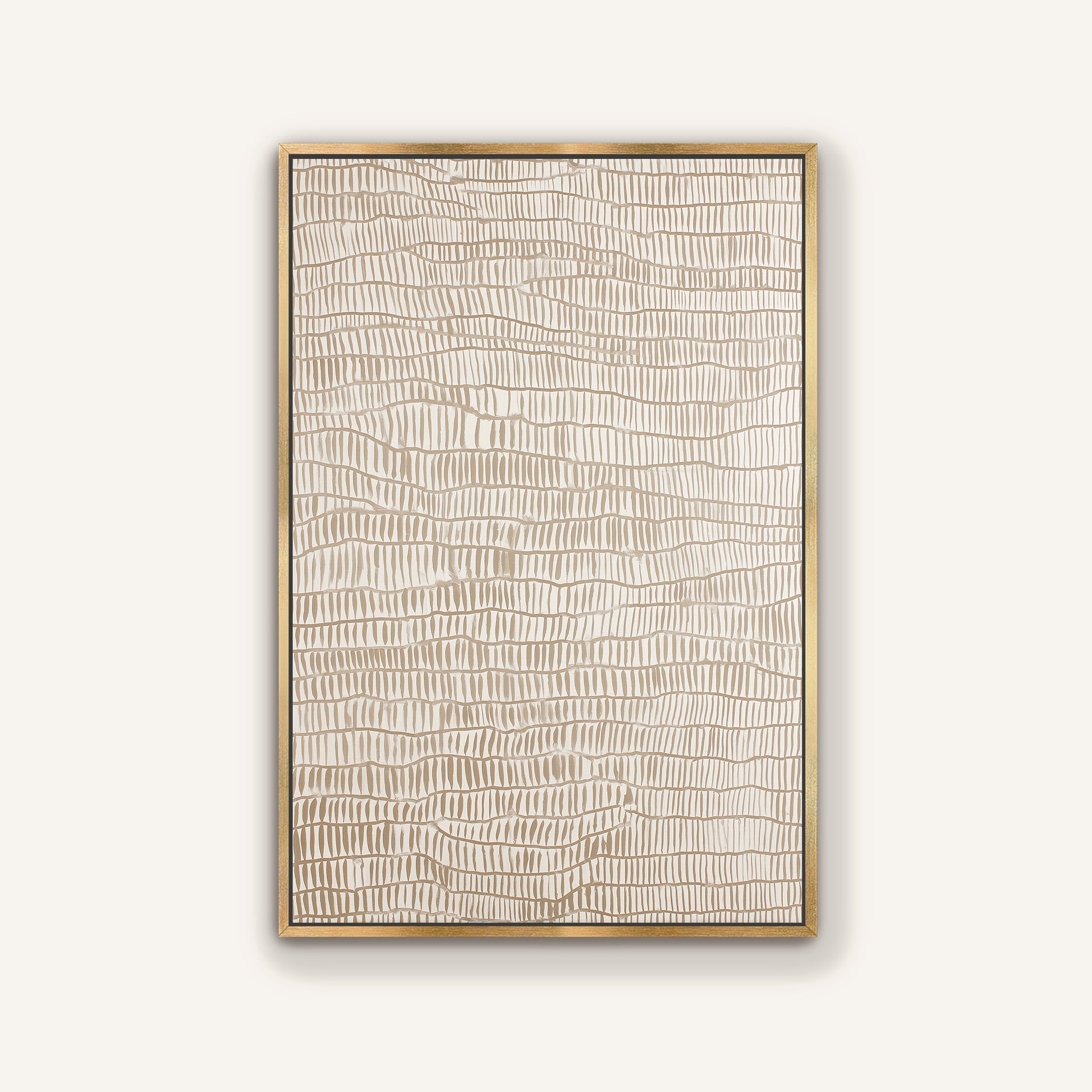 a rectangular artwork with a textured, abstract design in shades of brown and beige.