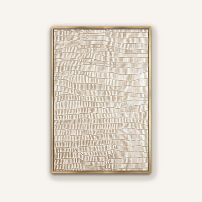 a rectangular artwork with a textured, abstract design in shades of brown and beige.