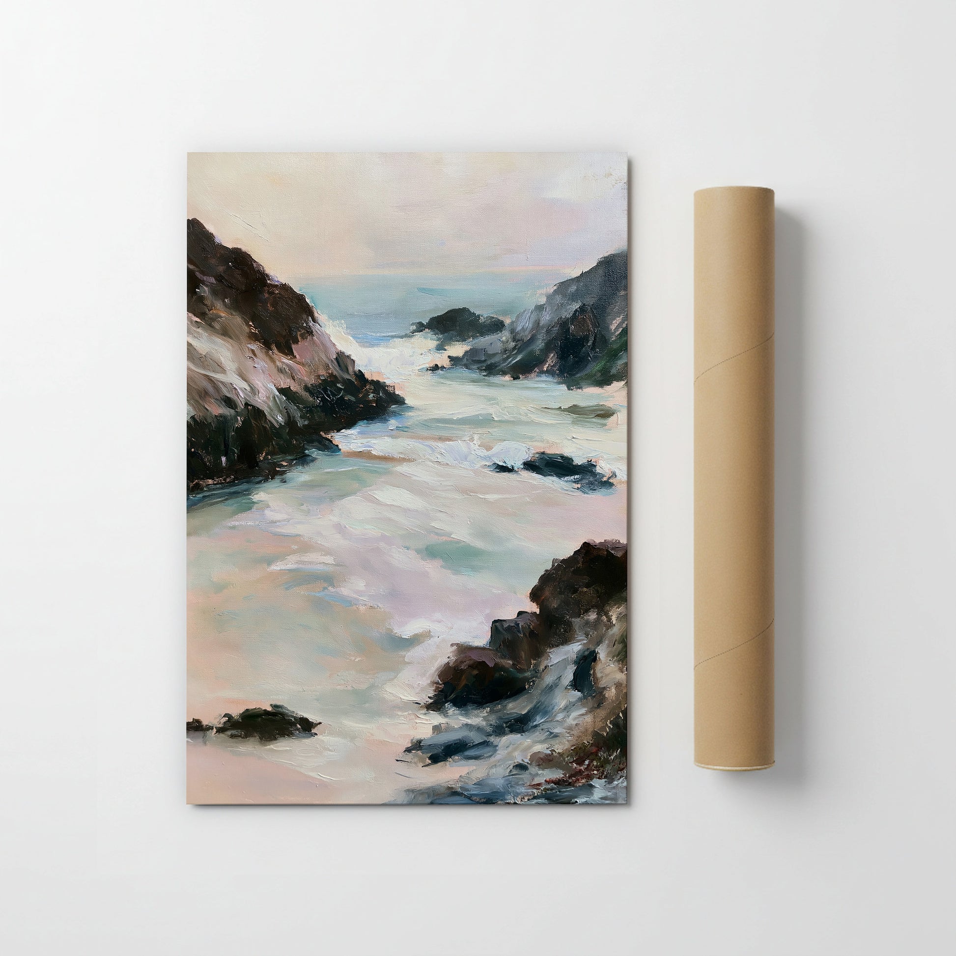 The image is a painting depicting a serene coastal landscape with rocky cliffs, a calm body of water, and a hazy sky.