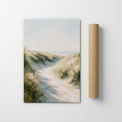 The image is a painting of a sandy path leading through a grassy field, with a clear sky in the background.