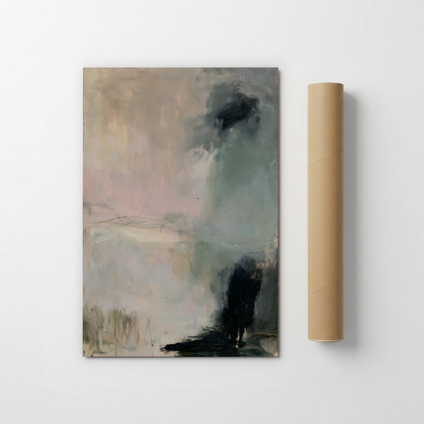 The image is an abstract painting with a predominantly light blue and green color palette, featuring a large black shape in the center.