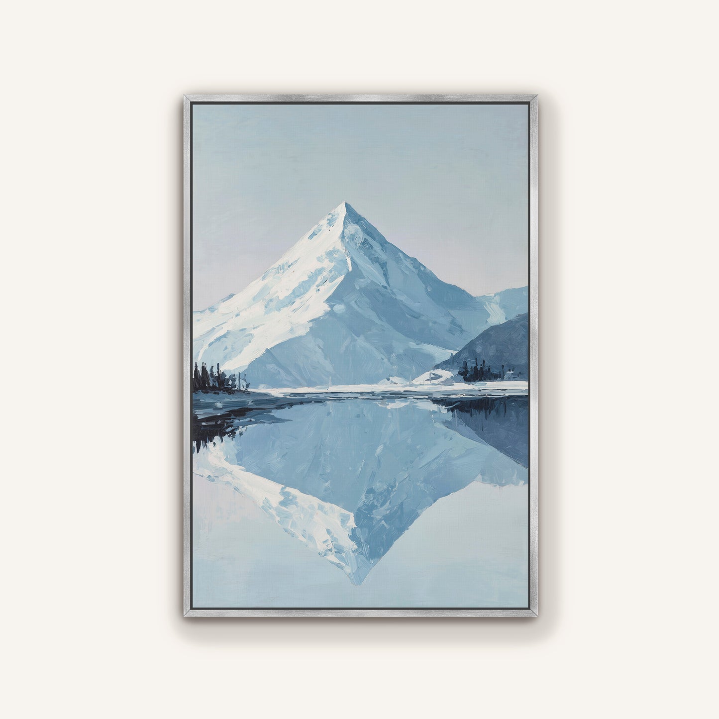 a serene landscape with a snow-capped mountain reflected in a calm lake, surrounded by trees and mountains in the distance.