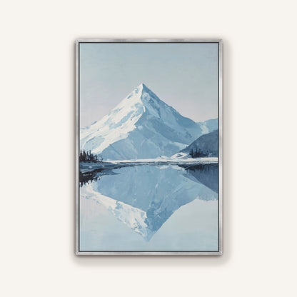a serene landscape with a snow-capped mountain reflected in a calm lake, surrounded by trees and mountains in the distance.