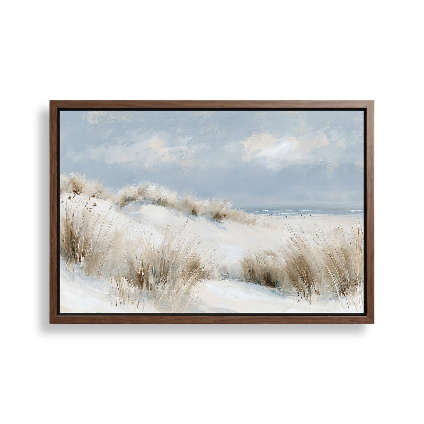 The image is a framed painting depicting a serene landscape with a snowy field, grassy hills, and a body of water in the distance.