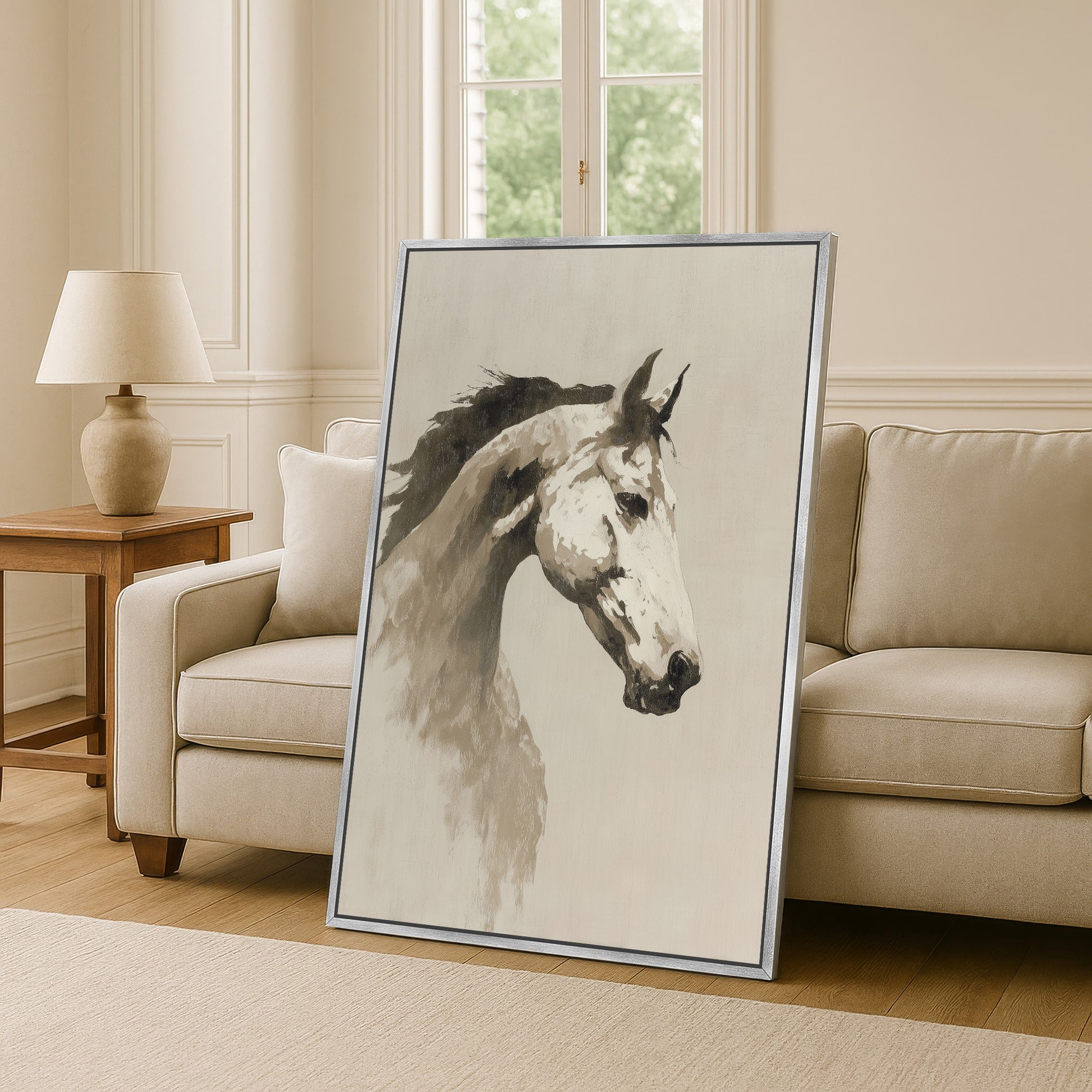 a large framed painting of a horse's head, which is prominently displayed in the center of the room.