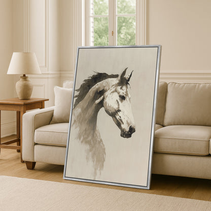 a large framed painting of a horse's head, which is prominently displayed in the center of the room.