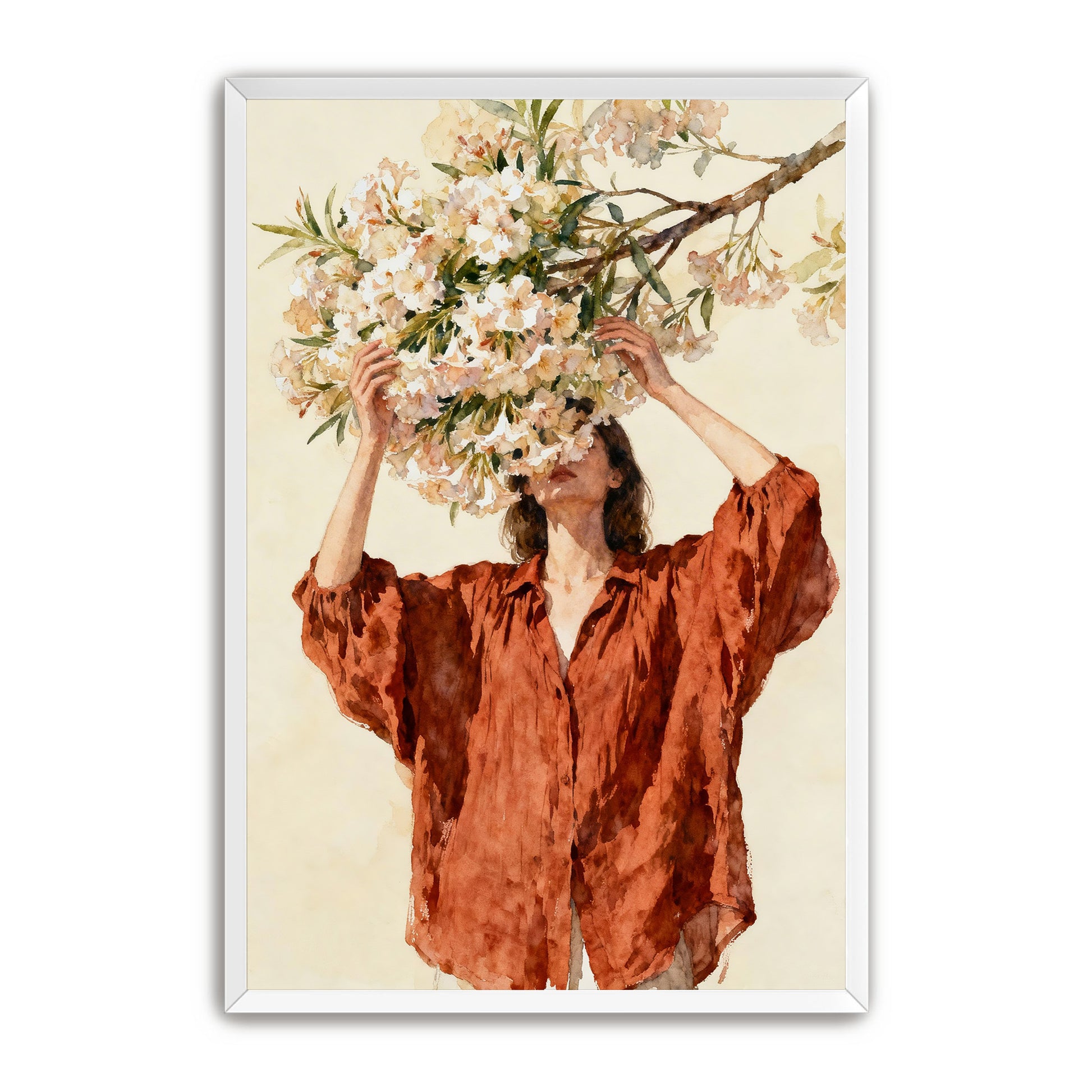 A woman in a red dress is holding a branch of white flowers above her head, obscuring her face.
