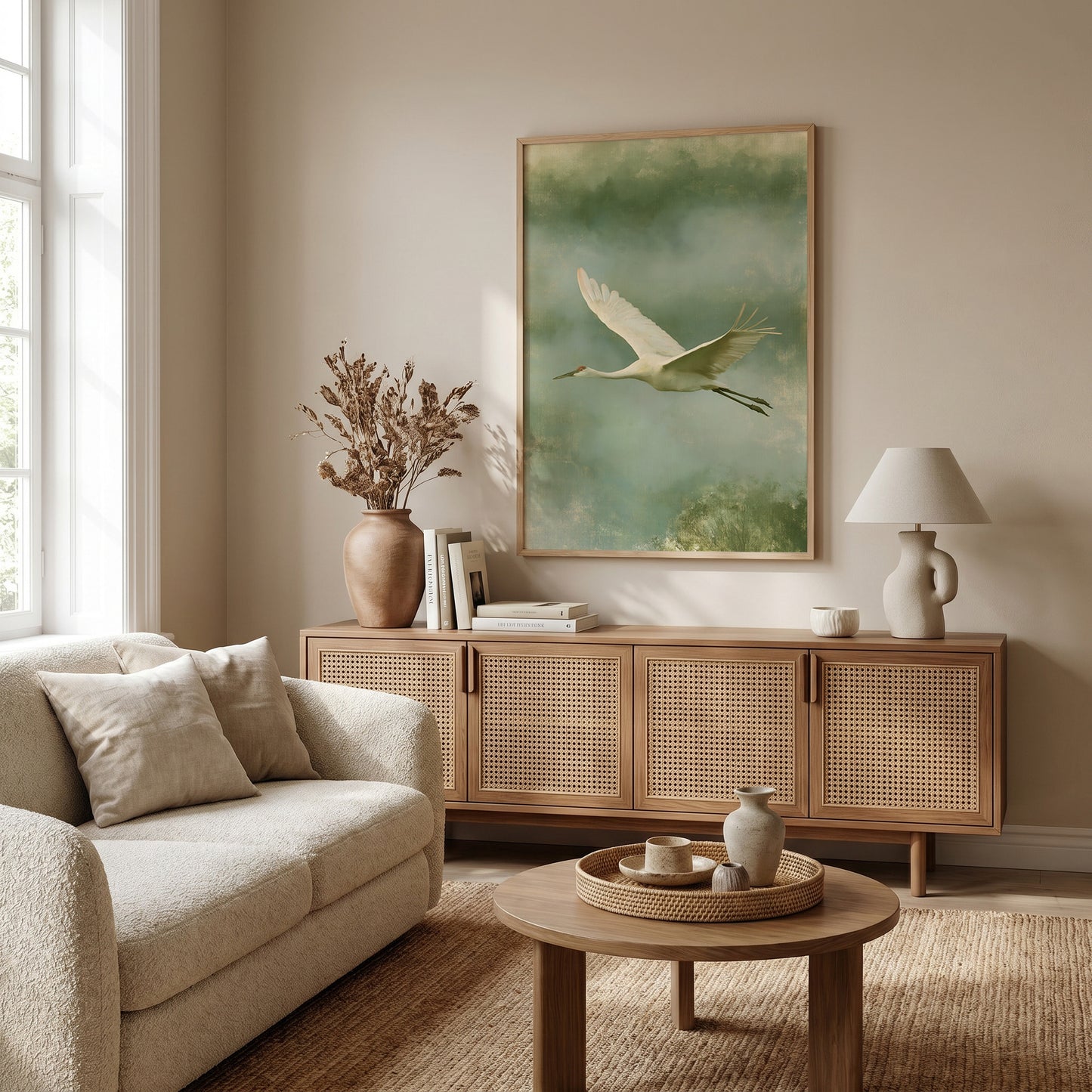 a serene living room with a large painting of a crane in flight hanging on the wall. The room is furnished with a beige sofa, a wooden sideboard, and a round coffee table. The overall decor has a minimalist and modern aesthetic, with a focus on natural elements and neutral colors.