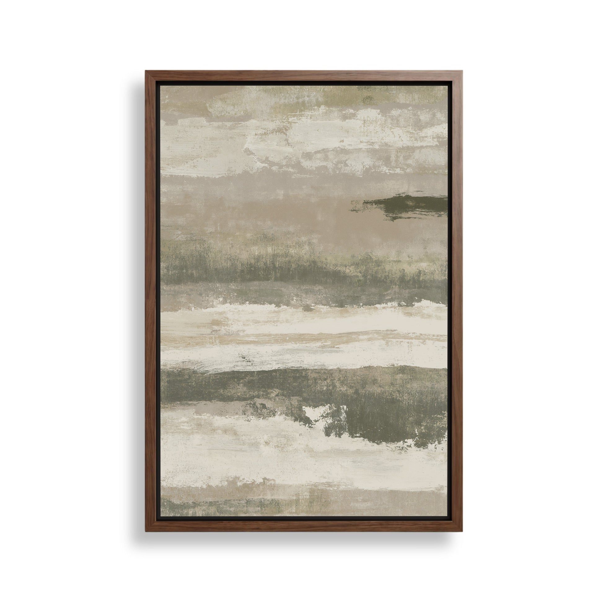 The image is a framed abstract painting with a predominantly beige and gray color palette. The painting features a landscape-like scene with various brushstrokes and textures, creating a sense of depth and movement.