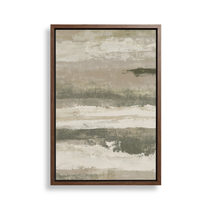 The image is a framed abstract painting with a predominantly beige and gray color palette. The painting features a landscape-like scene with various brushstrokes and textures, creating a sense of depth and movement.