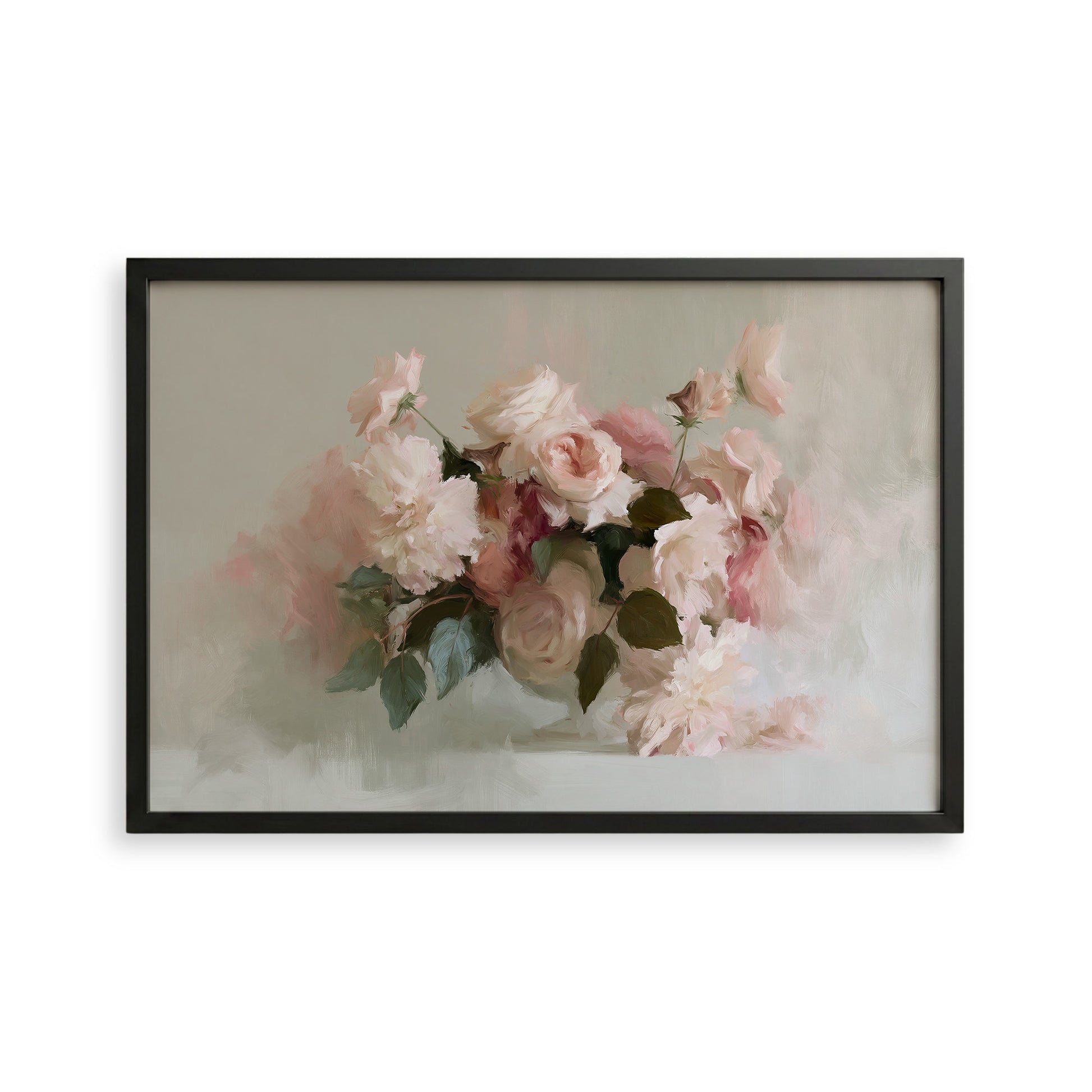 A framed painting depicting a bouquet of pink and white roses against a light background.