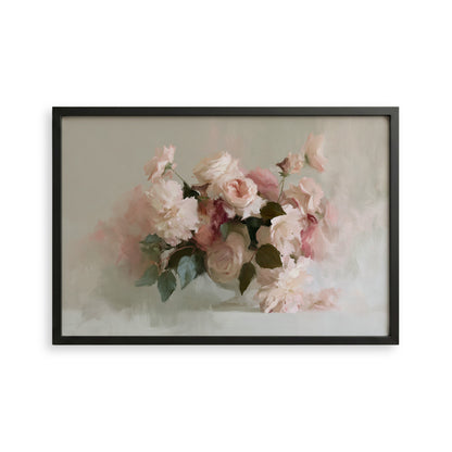 A framed painting depicting a bouquet of pink and white roses against a light background.
