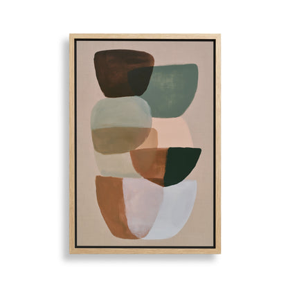 The image is a framed abstract painting featuring a variety of shapes and colors, including shades of brown, green, and white.