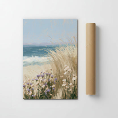 The image is a painting depicting a serene beach scene with tall grasses swaying in the foreground and the ocean in the background.