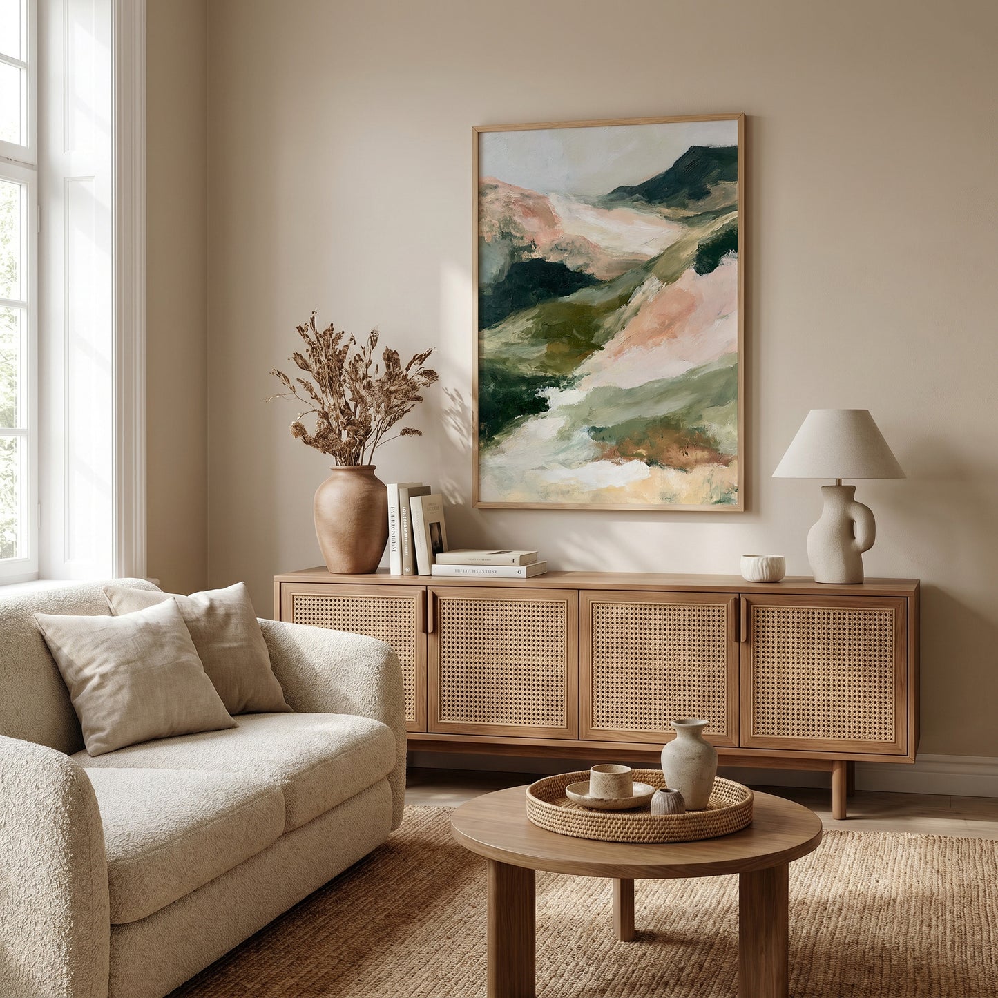 a cozy living room with a large painting of a mountain landscape hanging on the wall. The room is furnished with a beige sofa, a wooden sideboard, and a round coffee table. The room is decorated with various items, including a vase, a lamp, and a book, creating a warm and inviting atmosphere.