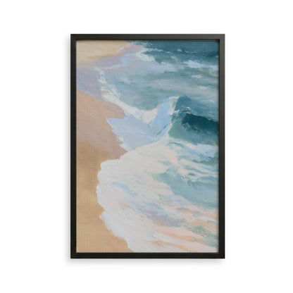 The image is a framed painting depicting a serene beach scene with waves gently lapping against the shore.