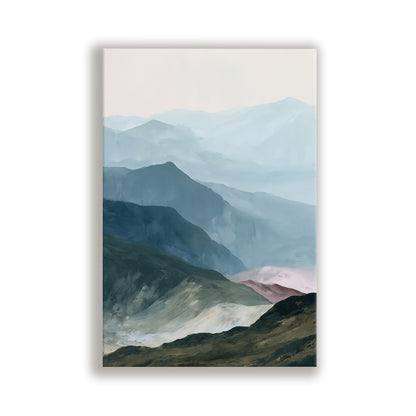 a serene landscape with a mountain range in the background, featuring a blend of blue, green, and gray tones.