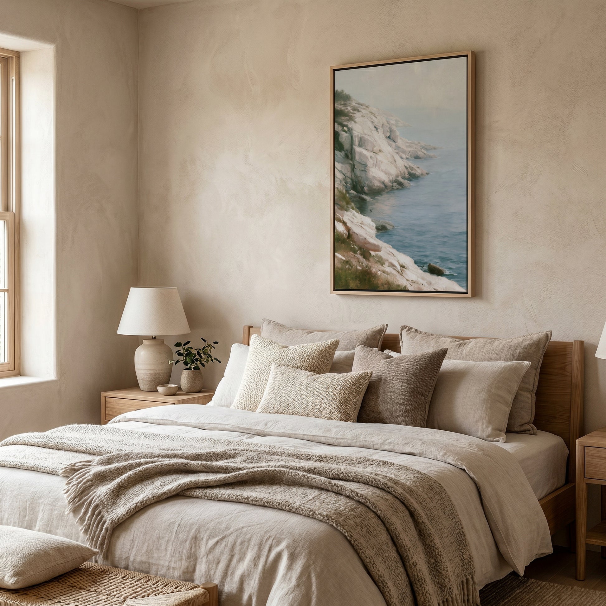a serene bedroom with a large bed adorned with a gray blanket and white pillows, a wooden nightstand with a lamp, and a framed painting of a cliff overlooking the ocean hanging on the wall.