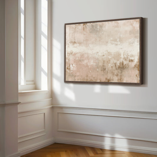 a large, square painting hanging on a white wall in a room with a window. The painting has a light pink and beige color palette, and it appears to be a modern art piece. The room has white walls and a wooden floor, creating a clean and minimalist aesthetic.