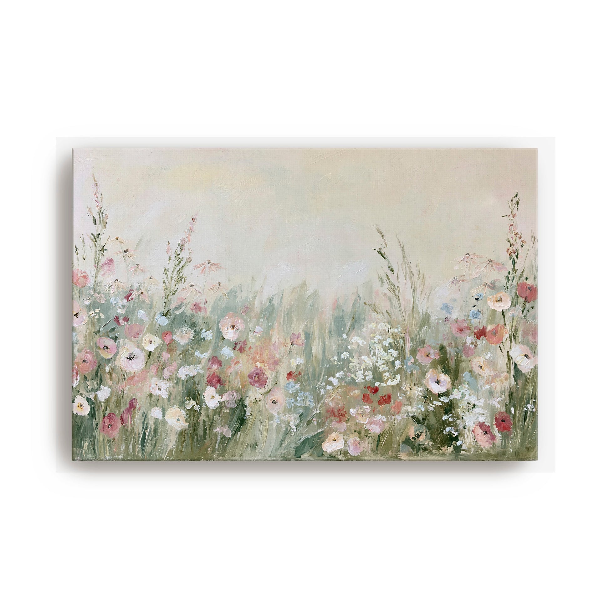 The image is a painting depicting a field of flowers with various colors and textures.