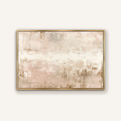 The image is a large abstract painting with a beige and brown color palette, displayed in a gold frame on a white wall.