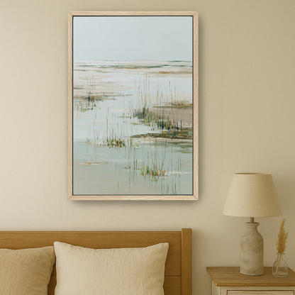a serene bedroom scene with a large framed painting of a tranquil body of water hanging on the wall above a bed with a wooden headboard.