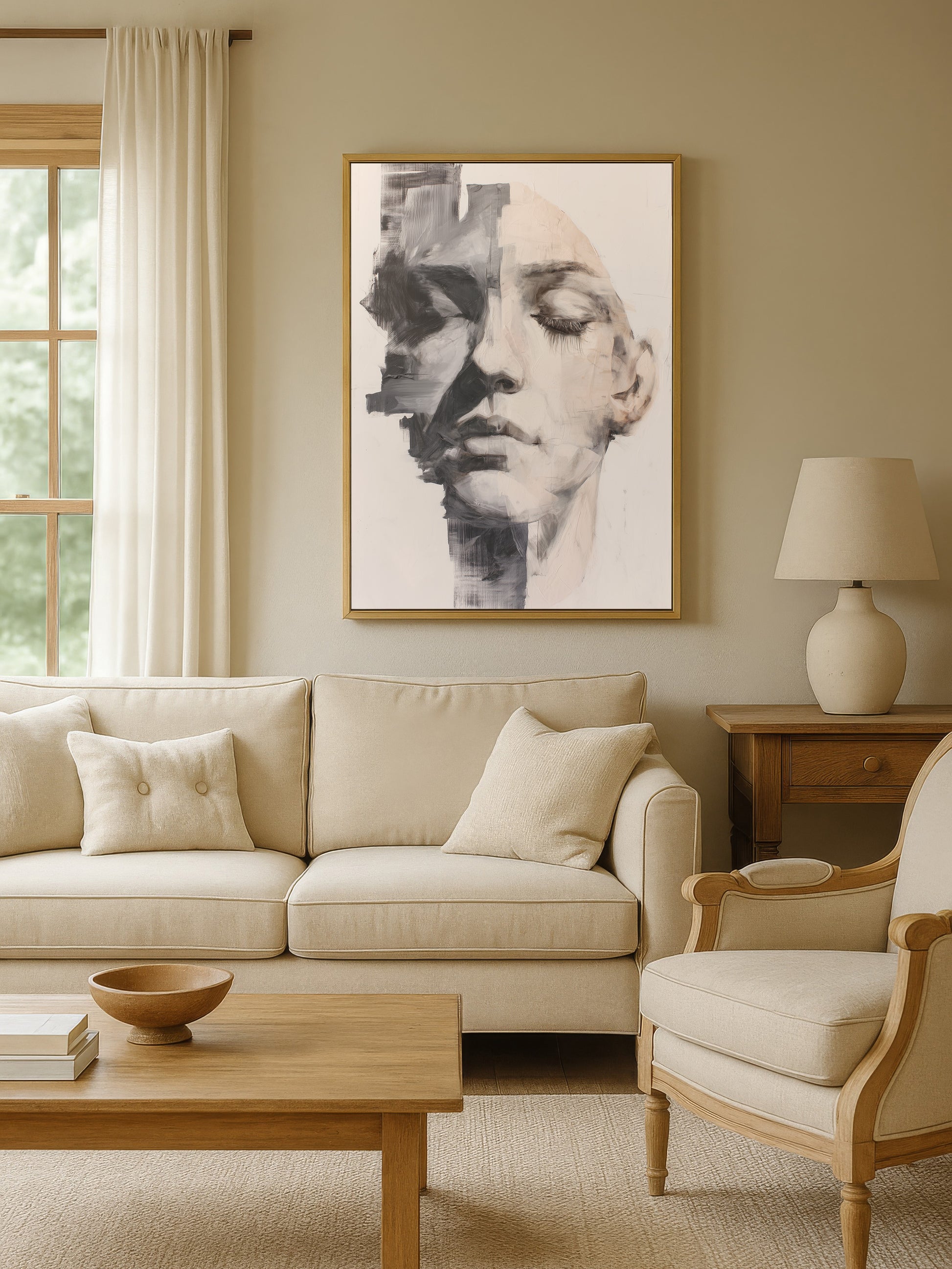 Large abstract portrait wall art with muted ivory, blush, and charcoal tones in a gold floating frame, styled in a cozy neutral living room above a beige sofa.