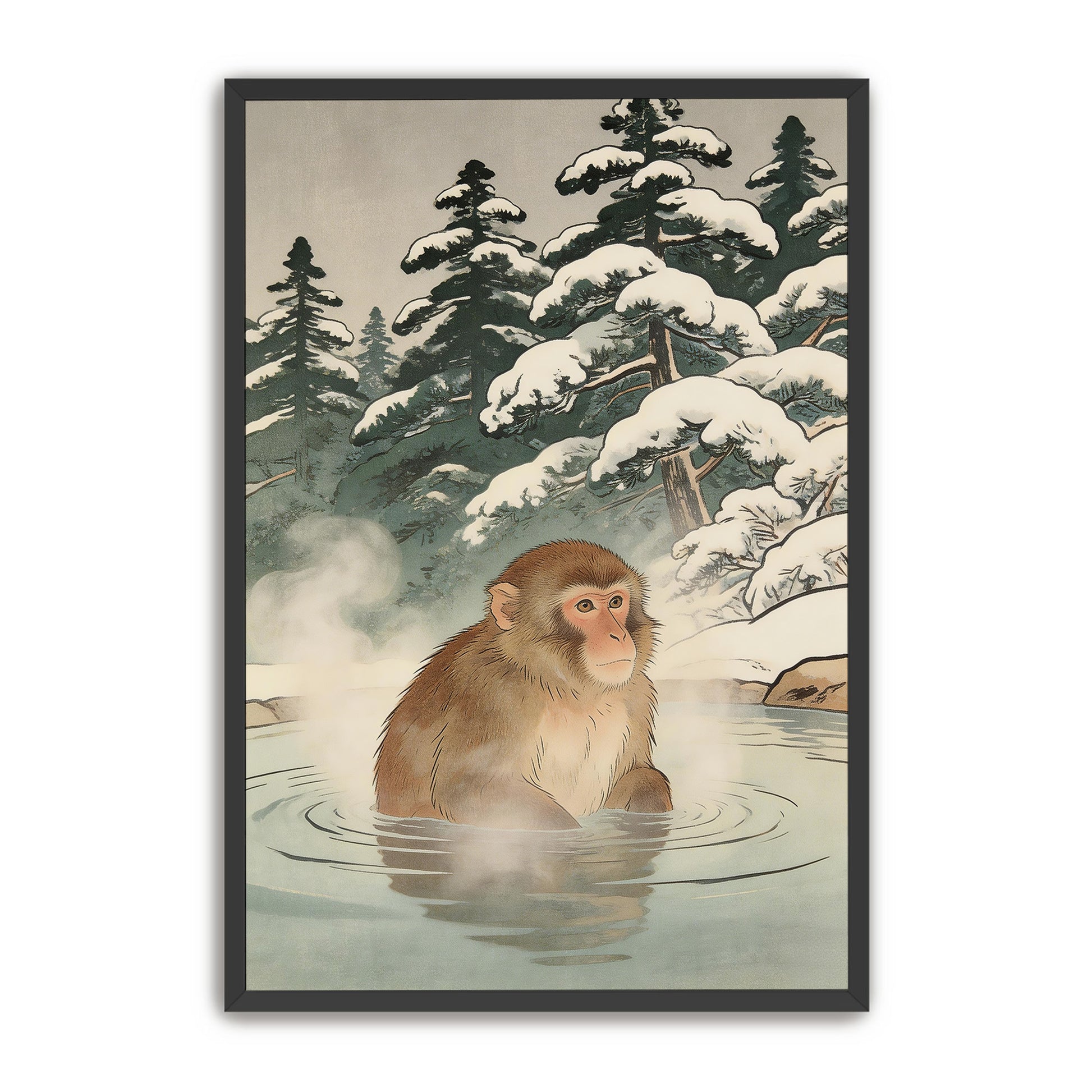 Close-up of snow monkey artwork in black frame
